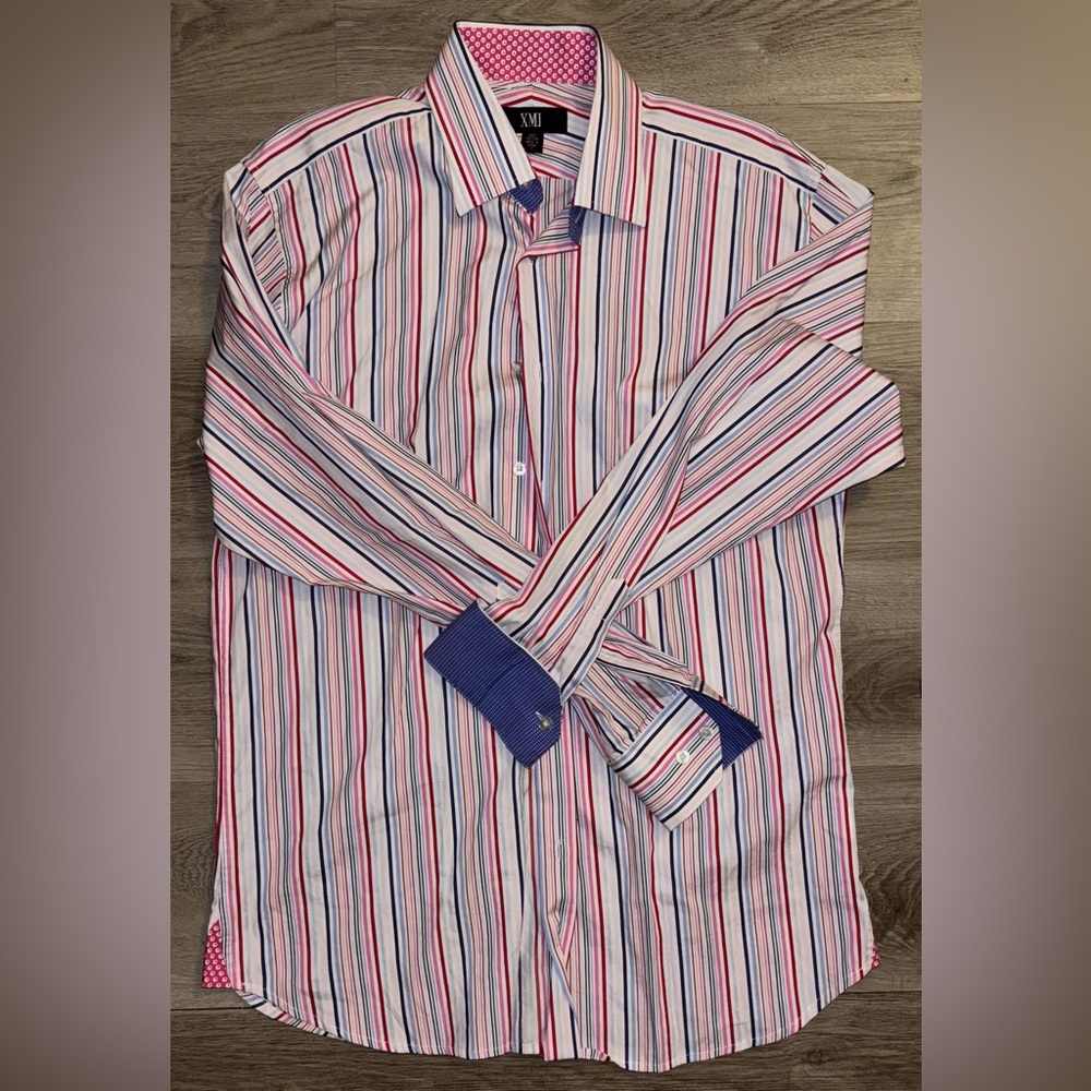 Elegant Striped Men's Shirt with Red and Blue Accents